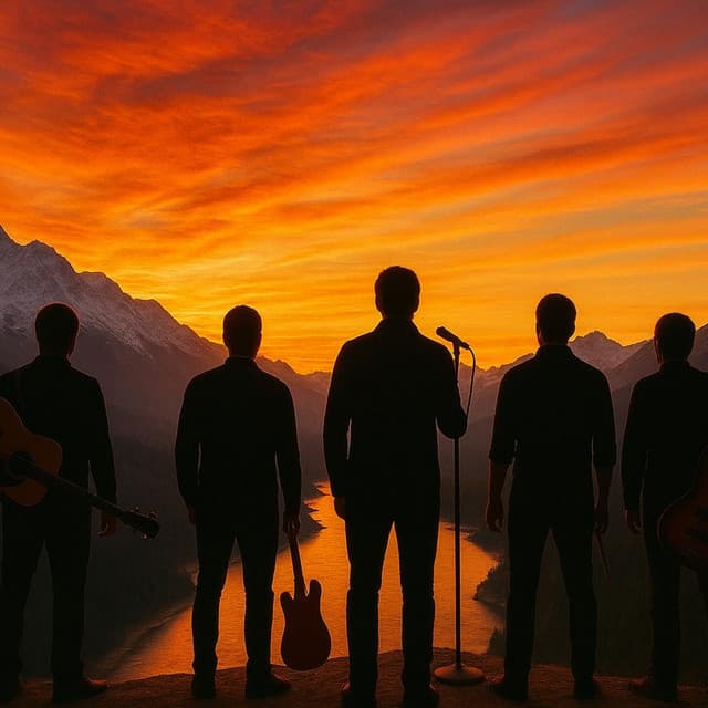 Elitez band silhouettes against a mountain sunset